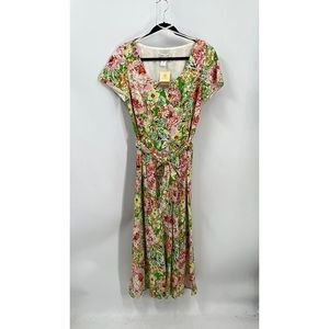 Coldwater Creek linen blend large floral print button front midi dress 10